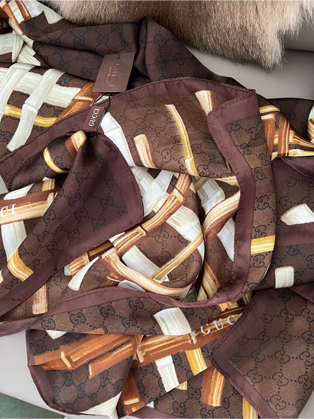 Silk Allover Logo & Bamboo Print Scarf Brown Gold Plaid Shawl Wrap 100% Silk NWT - Picture 5 of 8